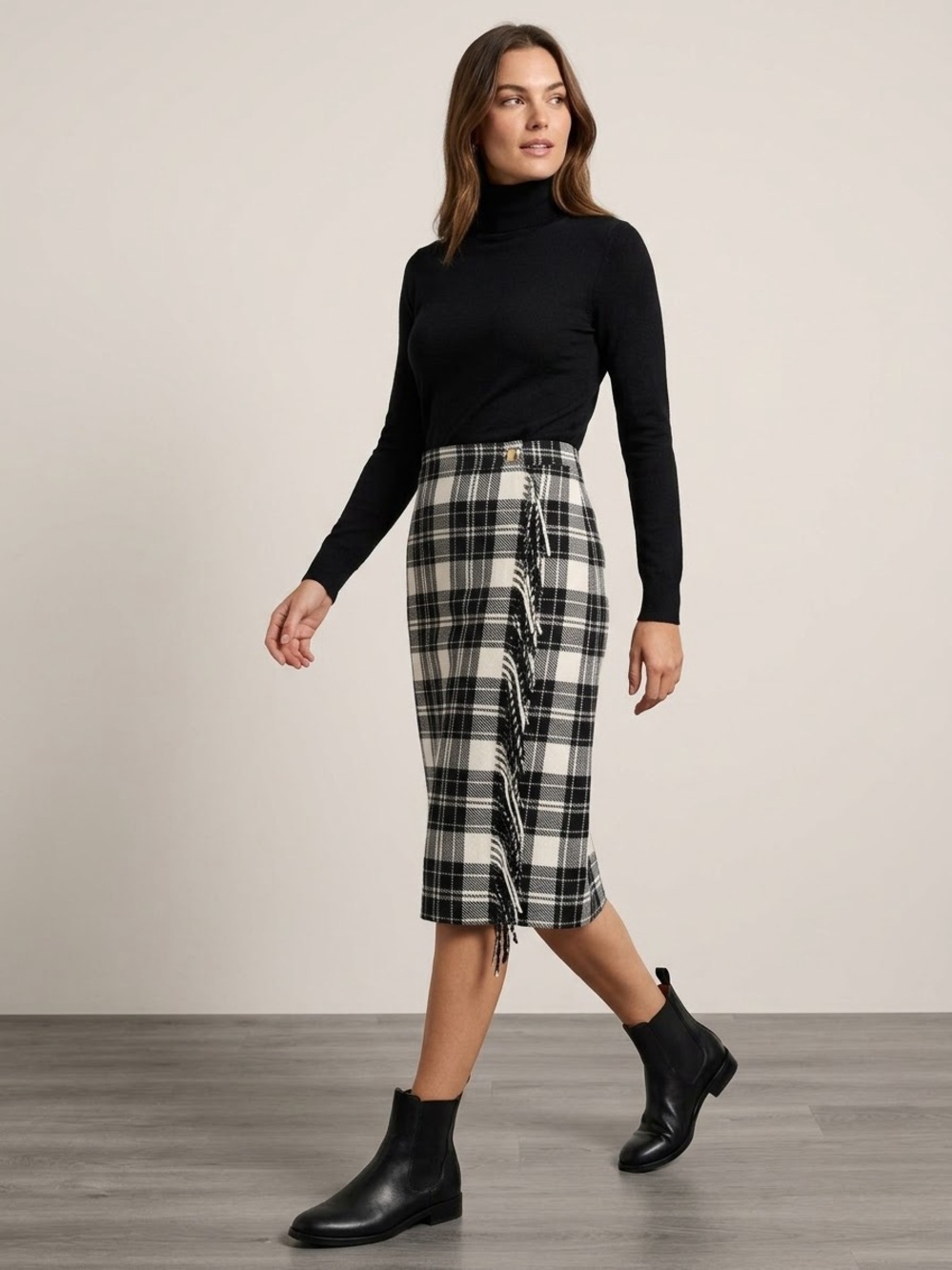 Talbots Black & Cream Plaid Midi Skirt with Side Fringe
